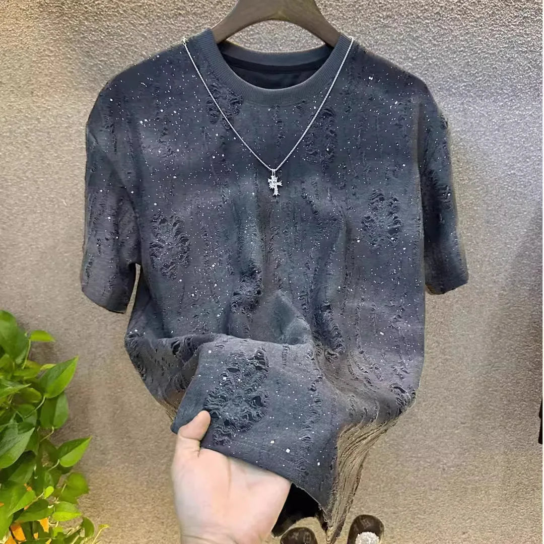 RNSHANGER Summer Men's T Shirts Fashion Rhinestone Rivet Hole T-shirt Round Neck Casual T-shirt Korean Version Men's Tshirt