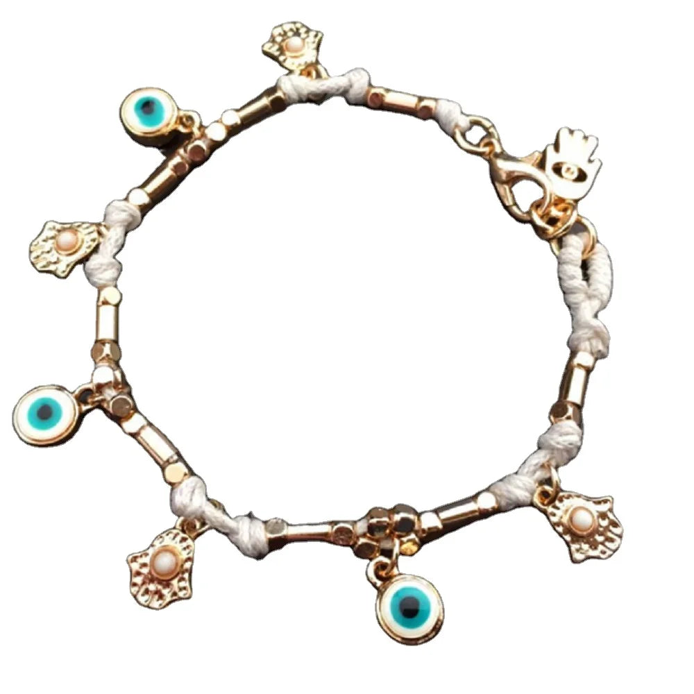 Fashion Brass Alloy Fatima Hand and Devil's Eye Ladies Bracelet Charm Hand Woven Friendship Bracelets Jewelry for Women Supplier