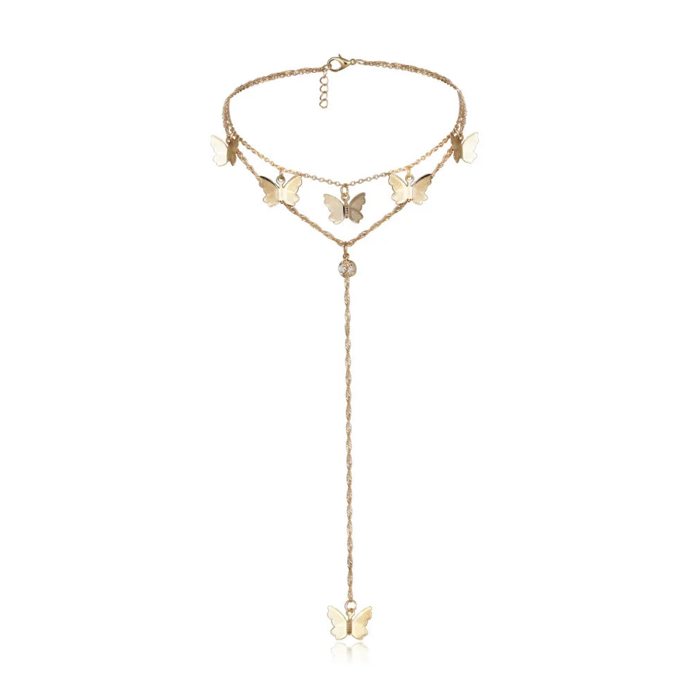 Kelebek Kolye Women Jewelry Trendy Long Double Layer Choker Diamond Charm Jewelry Necklace Butterfly