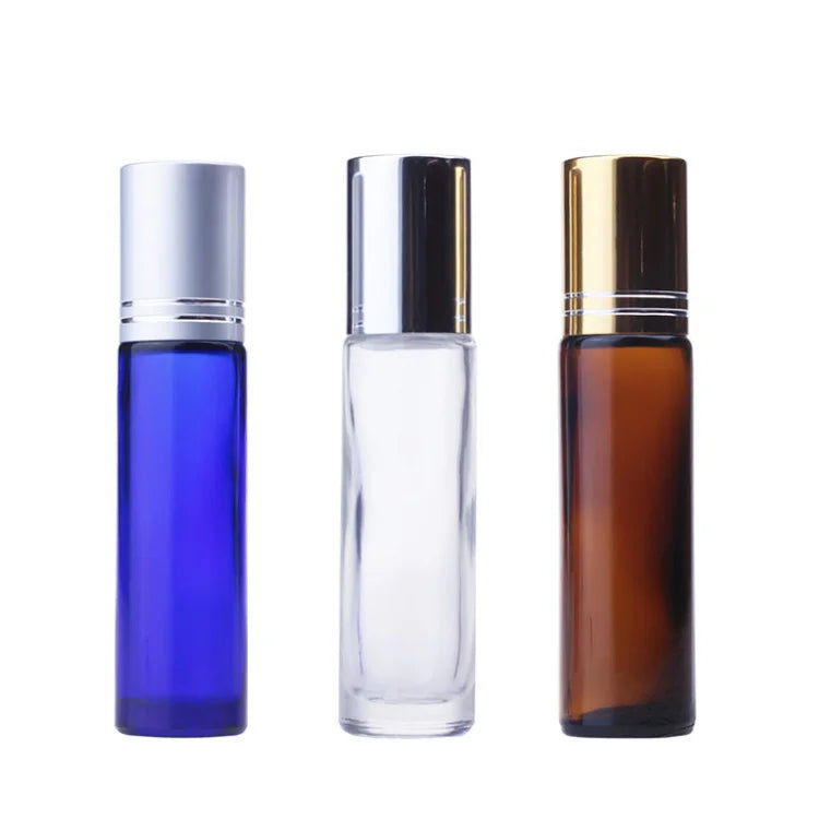 Transparent Amber Blue Essential Oil Roll on Cosmetic Packaging 10ml 1oz Eye Cream Glass Roller Perfume Bottle