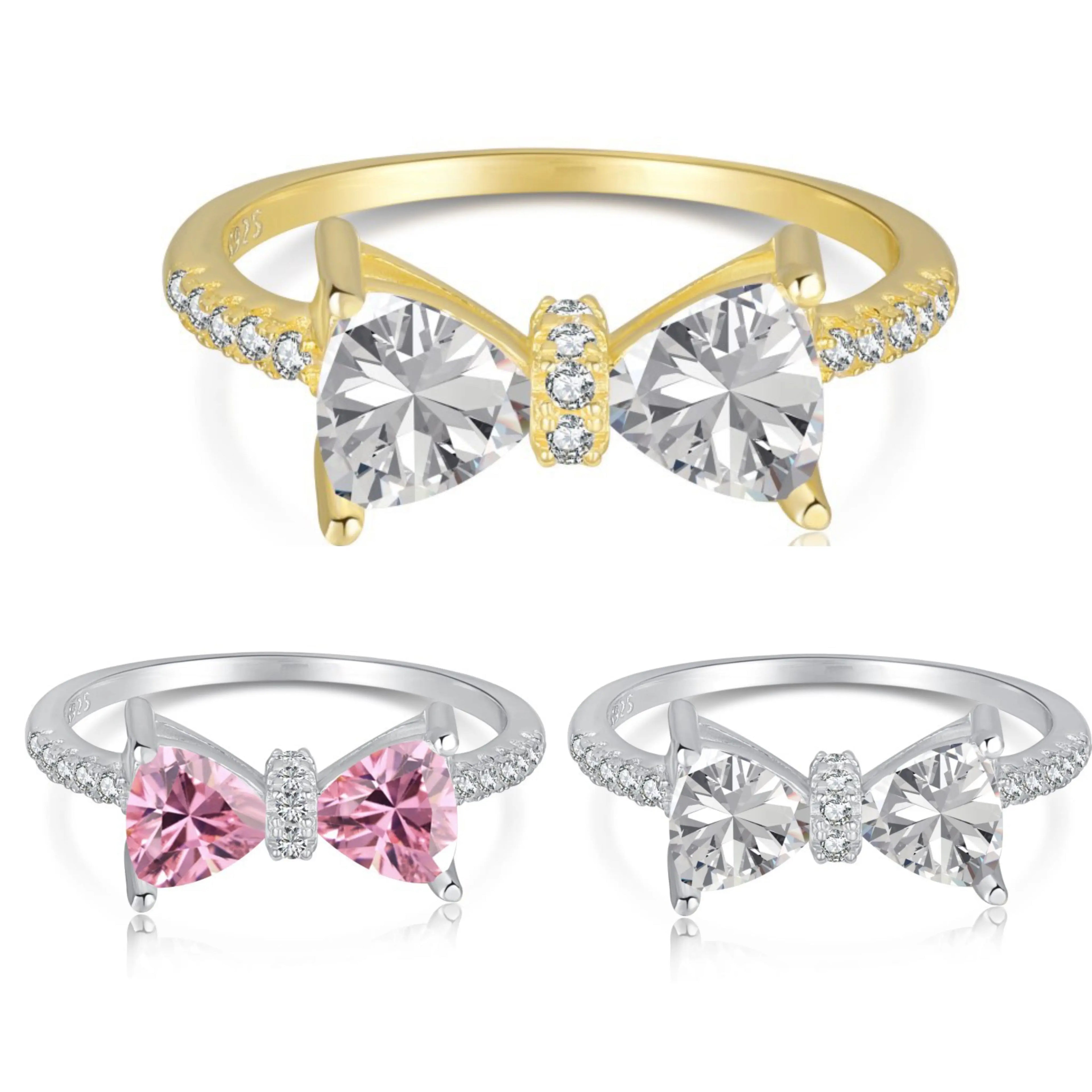 OAHLAN Fine Jewelry Pink Heart Wedding Band Sparkling Cubic Zircon Ring Bow Design S925 Sterling Silver Ring for Women Birthday
