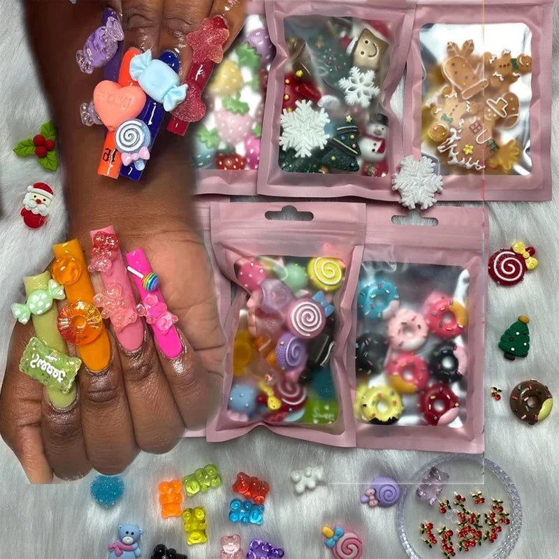 3D Cute Food Donuts Diy Various Resin Acrylic Christmas Nail Art Rhinestone Acrylic Kawaii Mixed Hearts Color Nail Art Candy