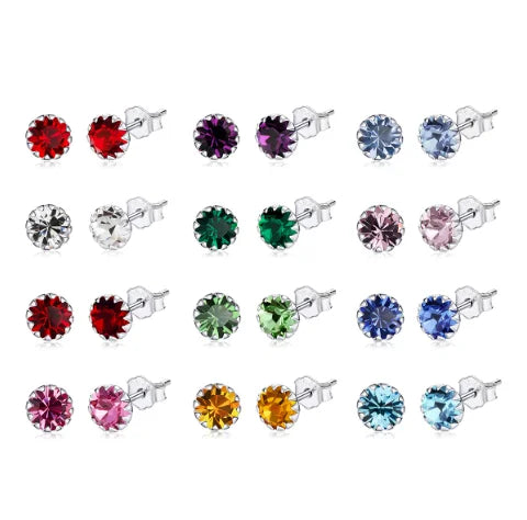 S925 Sterling Silver Earrings Hot Sale Twelve Earrings Pendant Colors Austrian Crystal Birthstone Stud Earrings