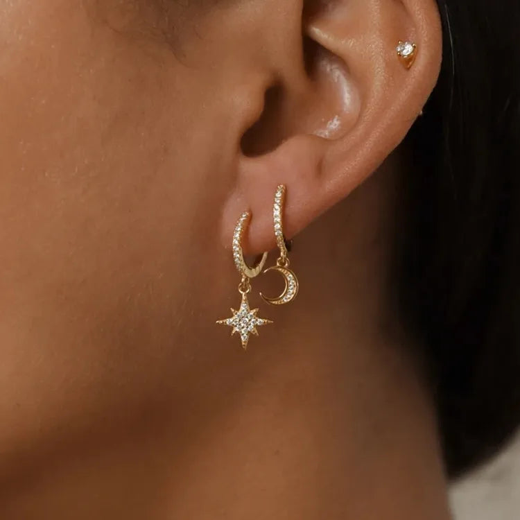 Elegant Cubic Zircon Pave 925 Sterling Silver Gold Plated Asymmetry Moon and Star Huggie Earrings Wholesale