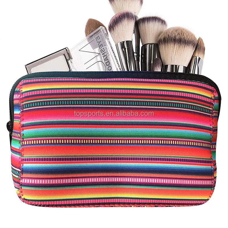 Waterproof Shockproof Neoprene Printed Strip Makeup Bag Zipper Large Capacity Multi-Use Organizer Travel Daily Use Stylish