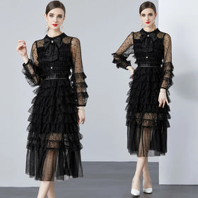 American Women's Spring Eco-Friendly French Mesh Dotted Bow and Sashes Ruffle Edge Floor-Length Dress
