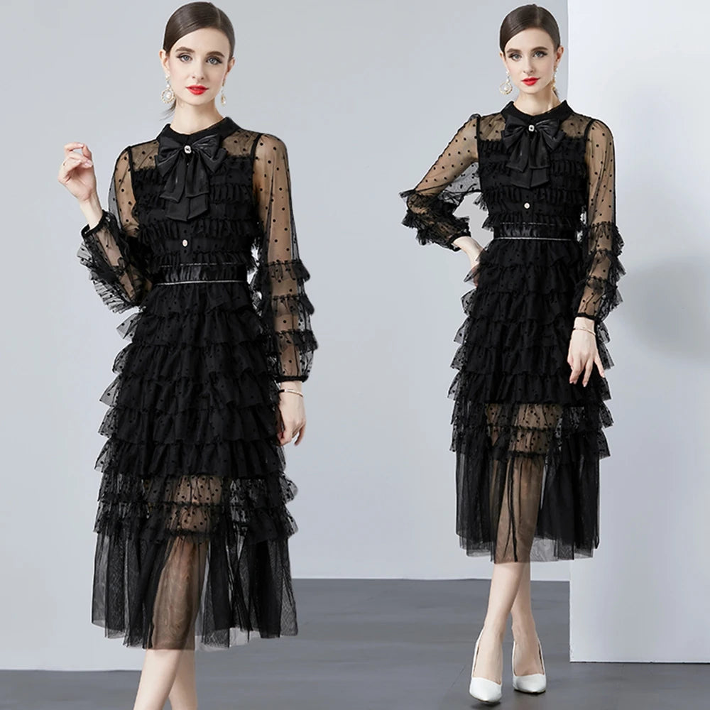 American Women's Spring Eco-Friendly French Mesh Dotted Bow and Sashes Ruffle Edge Floor-Length Dress