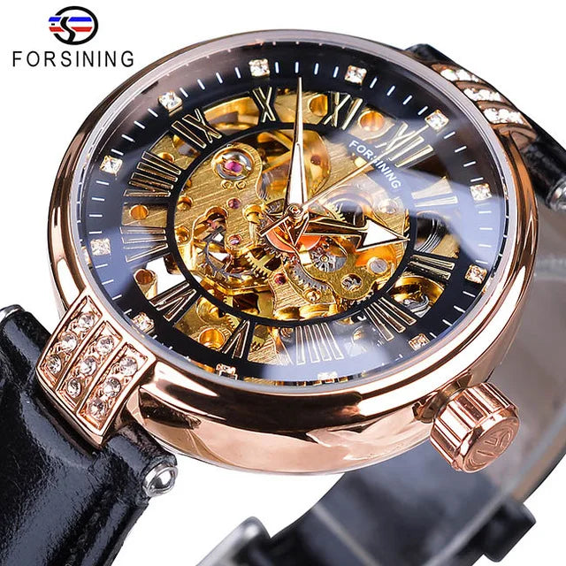 Forsining Watch Women Gold Mechanical Automatic Luxury Lady Wrist Watch Skeleton Clock Women Leather Dress Girl Ladies Watches