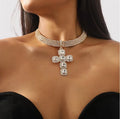 Exaggerated Large Cross Choker Necklace Rhinestone Chain for Women Shiny Bling Crystal Multilayer Necklace Wedding Jewelry