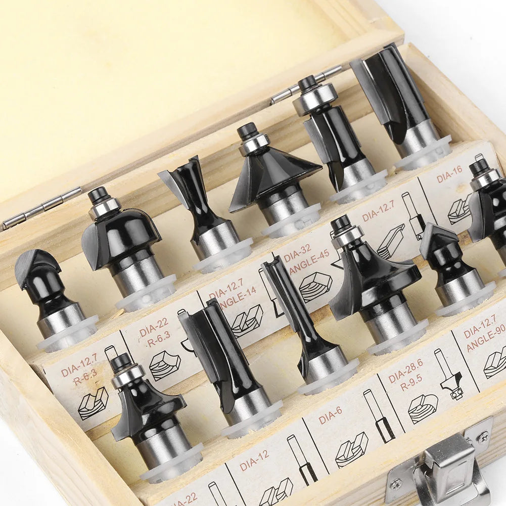 12-Piece 1/2 Handle Router Bits Set in Hard Case Black Woodworking Engraving Machine/Electric Router/Trimmer Cutter Head Set