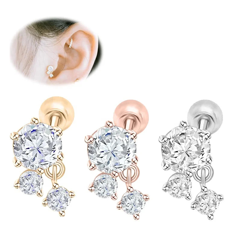 Lotus Wholesale 14K Solid Real Glod Triple Zircon Dangle Drop Screws Labret Cartilage Earrings Stud Piercing Jewelry for Women