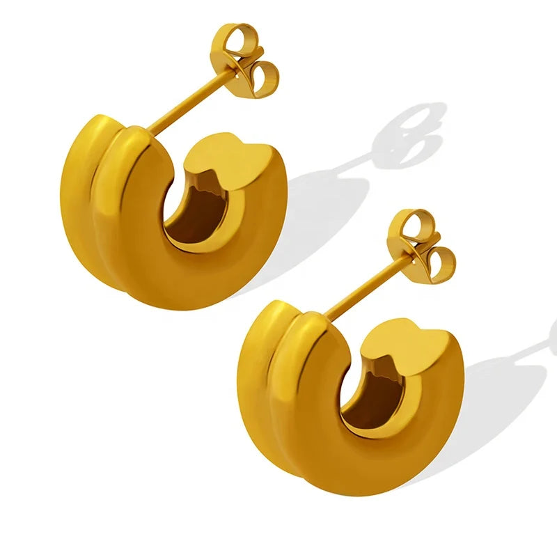 Best Price of Double Layer C Shape Mirrored 18K Gold Plated Stainless Steel Stud Earrings
