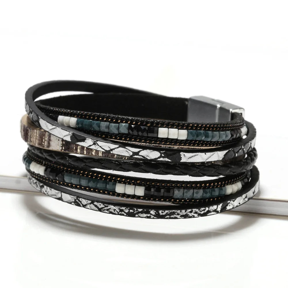 Bohemia Ladies Leather Bracelet Alloy Magnetic Genuine Leather Bracelet for Birthday Present
