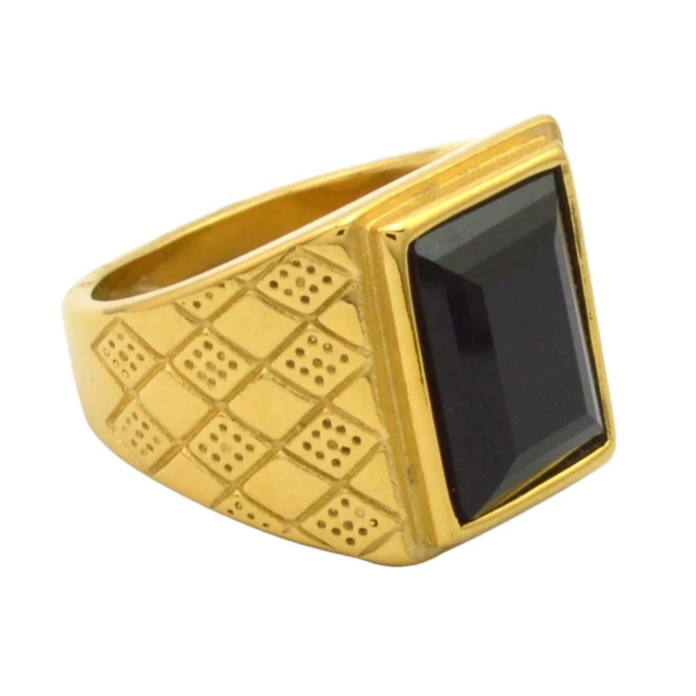 Gold Plated Crystal Checked Design Fashion Stainless Steel Jewelry Vintage Stone Ring