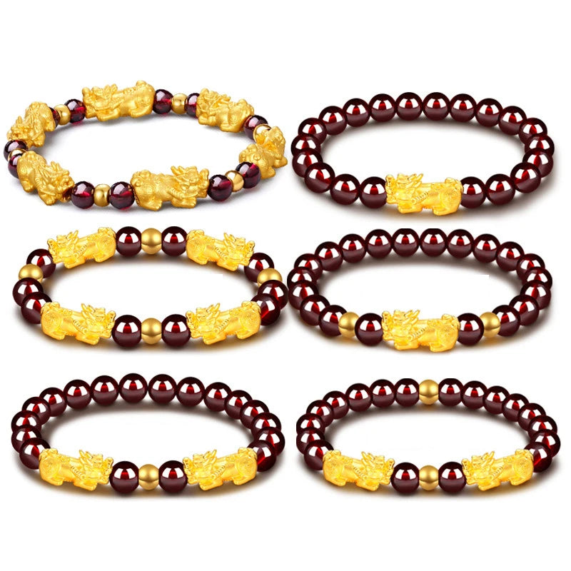 Fashion Gold Plated Charm Pi Xiu Handmade Elastic Garnet Beads Fengshui Pixiu Bracelet Jewelry for Women