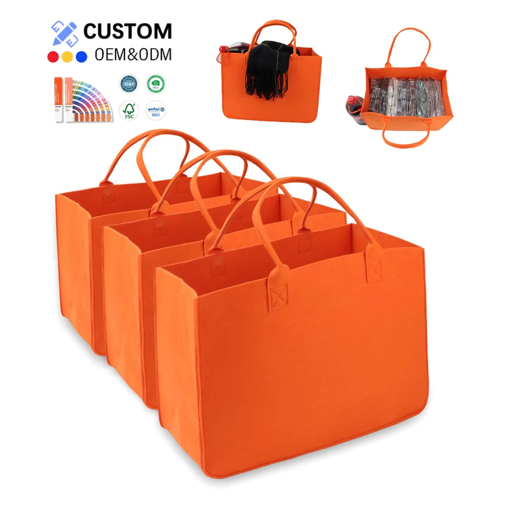 Factory Direct Sale Women Orange Handbags Ladies Hand Shopping Tote Gift Bags Custom Logo 42*25*25 Cm ECO Felt Bag