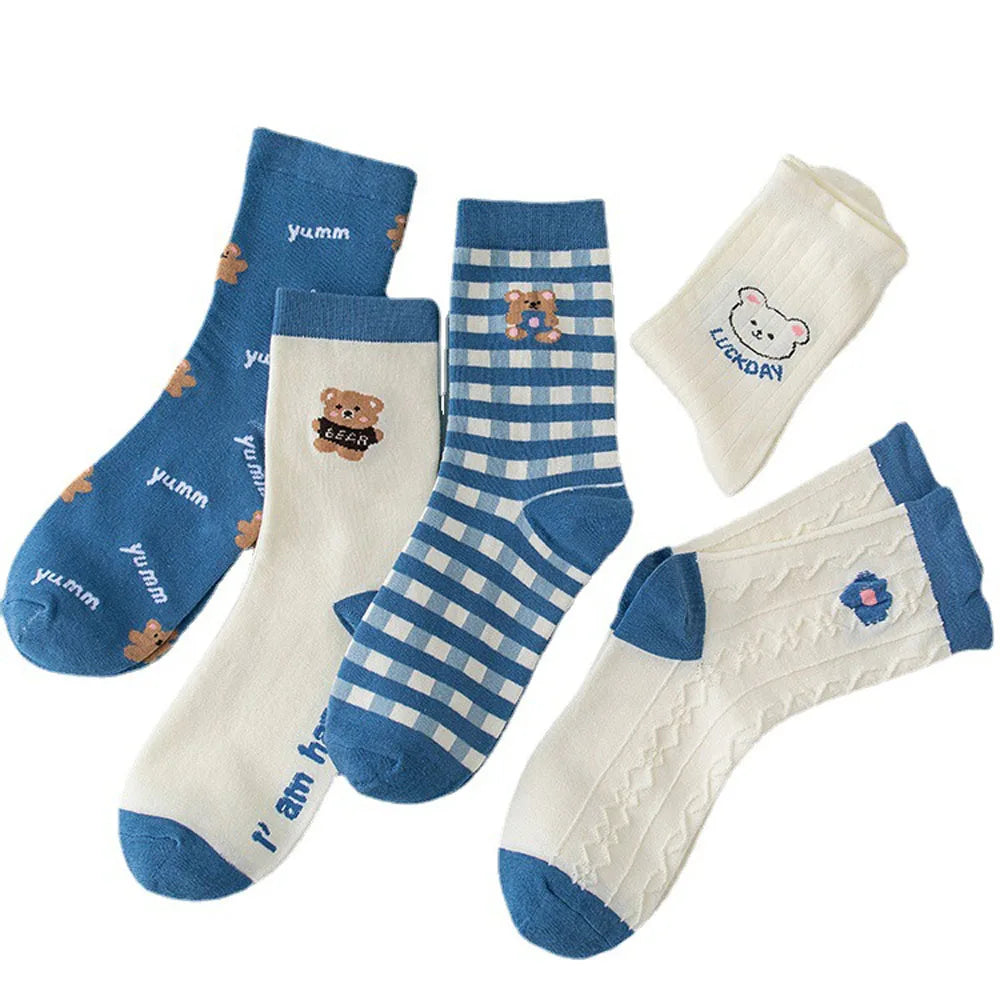 Cute Blue White Women Socks Cartoon Bear Pattern Crew Socks Trendy Teen Girls Socks