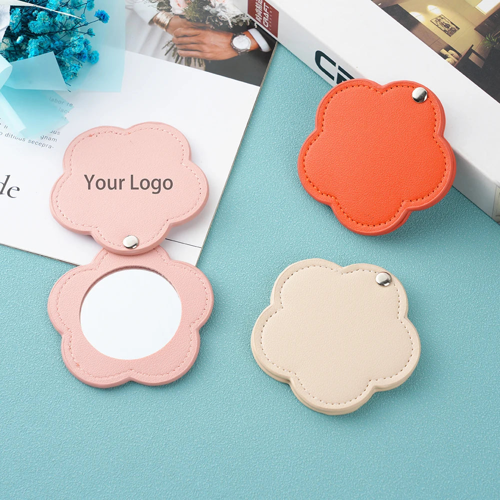 SAIYII New Arrival Flower Design White Pu Leather Makeup Mirror Customized Logo Portable Travel Pu Pocket Mirror for Girls
