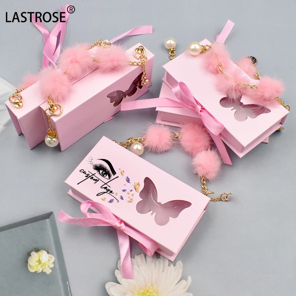 Make Your Own Eyelash Box Case Private Label Pink Butterfly Lash Box With Chain Wholesale Luxury False Eyelash Packaging Box