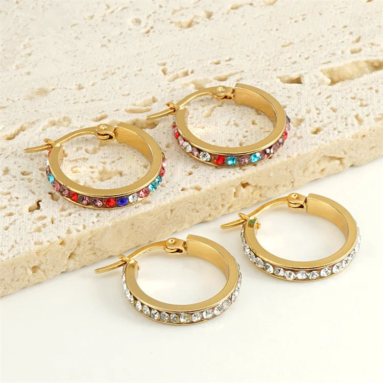 Wholesale New Stainless Steel Women 18k Gold Fashion Jewelry Circular Colored Diamond Hoop Earrings