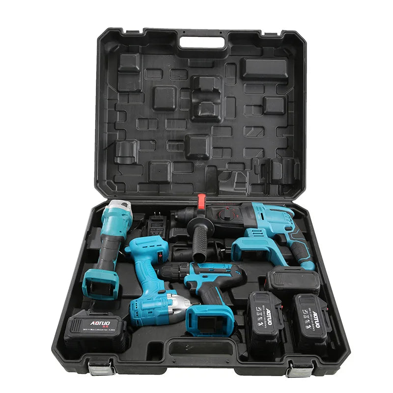 4pcs 21V Industrial Electrical Tool Kit Set Cordless Hammer Drill Wrench Angle Grinder Chargeable Drills 4-in-1 Combo Hard Case
