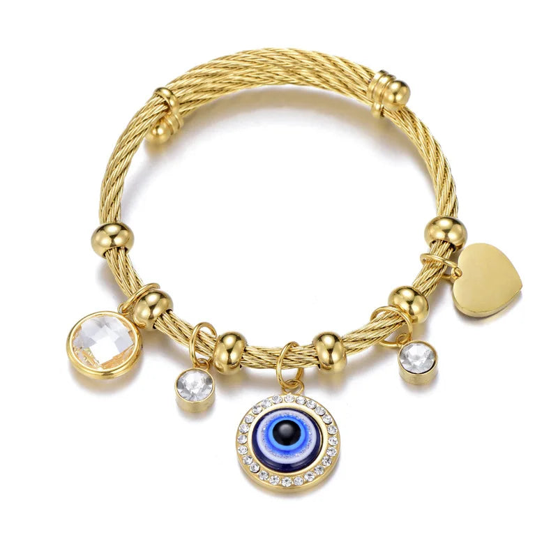 European Adjustable Turkey Blue Eye Evil Eye Bracelet Crystal Stainless Steel Twist Bangle Charm Bracelet Fashion Jewelry