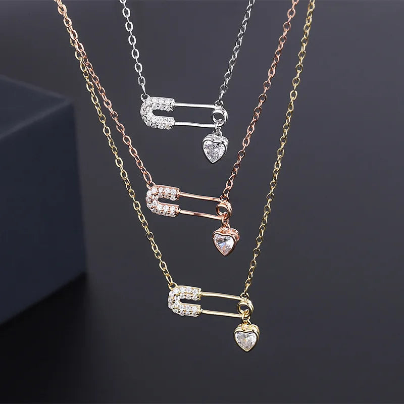 Jachon S999 Sterling Silver Pin Heart Necklace Female Creative Hollow Diamond Cool Light Luxury Boutique Necklace