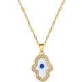 Ins White Shell Devil Eye Lip Chain Necklace Micro Inlaid Cubic Zirconia CZ Evil Eyes Hamsa Hand Necklace for Women