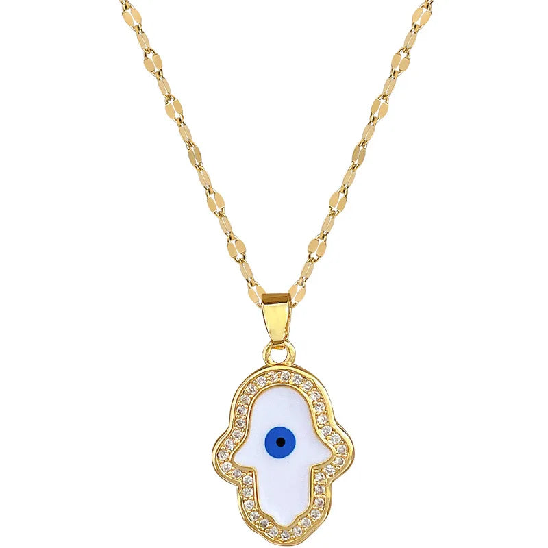 Ins White Shell Devil Eye Lip Chain Necklace Micro Inlaid Cubic Zirconia CZ Evil Eyes Hamsa Hand Necklace for Women