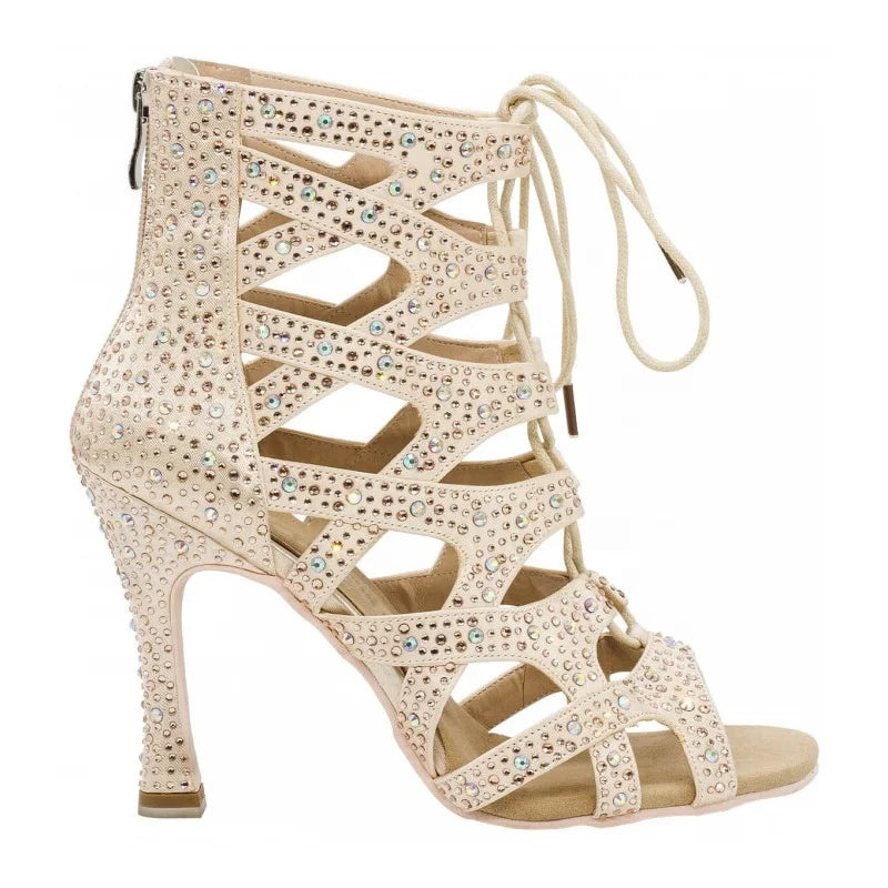 New Arrival Khaki Satin Latin Salsa Ballroom Dance Shoes for Women 9cm Heel Rhinestone US Size 4-12 for Jazz Jazzercise Other