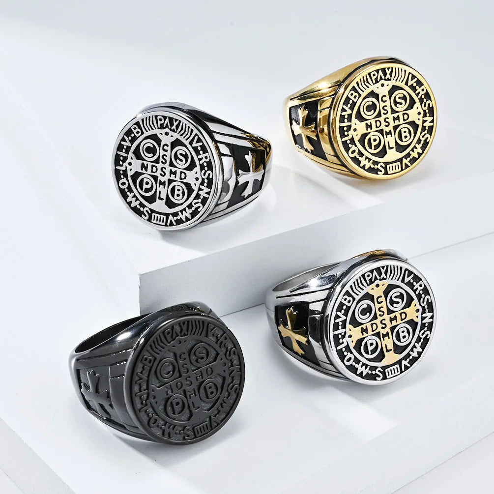 Vintage Punk Men's Stainless Steel Exorcism Ring Water-Proof Non-Tarnish for Engagement Party Fashion Jewellery Accessories