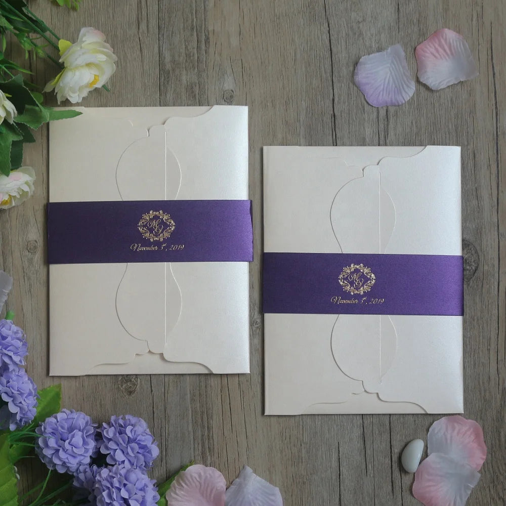 Belly Band Pocket Fold White and Purple Envelope Frosted Acrylic Wedding Invitation Suite