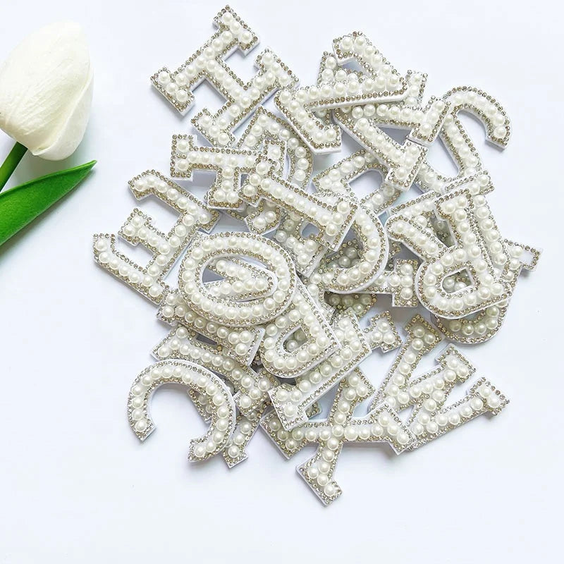 New Arrival DIY Bag Decoration Stickers Stick on Adhesive Fabric White Pearl Rhinestone English Alphabet A-Z Pearl Letter Patch