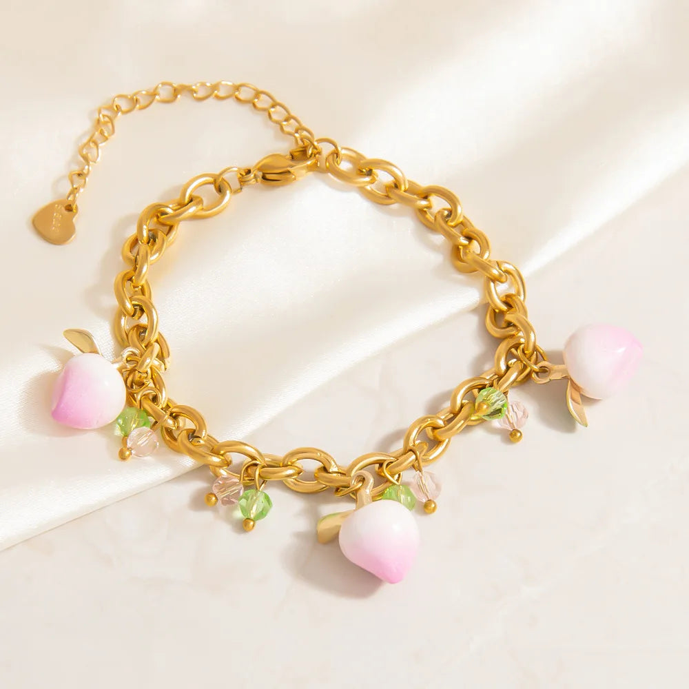 SC Popular Sweet Yellow Orange Flower Bracelet Gold Plated Bead Bracelet Cute Peach Bracelet for Girls Women