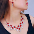 Gorgeous Necklace Earrings Silver Plated Cubic Zircon Red Ruby Stone Jewelry Set for Women Wedding Banquet Party Accessories
