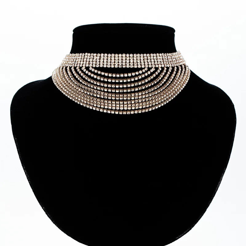 Fashion Gold Plated Necklaces for Women Multi-Row Tassel Chains with Pave Glass Stones for Party or Night Bar