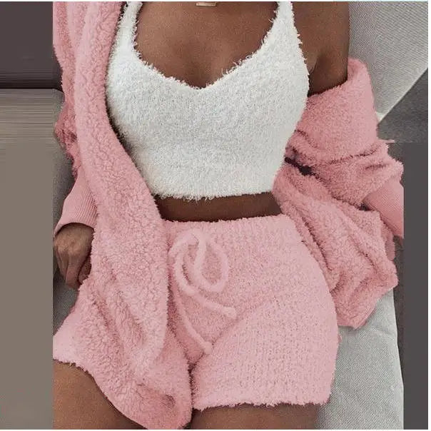 Winter in Stock Plush Vest Shorts Jacket Casual Pajamas Hooded Long Sleeve 3 Piece Women Set