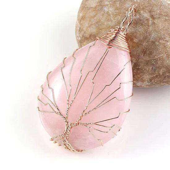 Hongzhuo Arrival Fashion Natural Stone Copper Wire Wrapped Tree of Life Healing Rose Quartz Pendant Women Jewelry