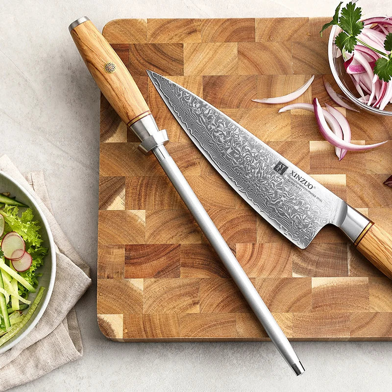 Kitchen Knife Blade Diamond Sharpener Rod Professional Sharpening Tool With Olive Wood