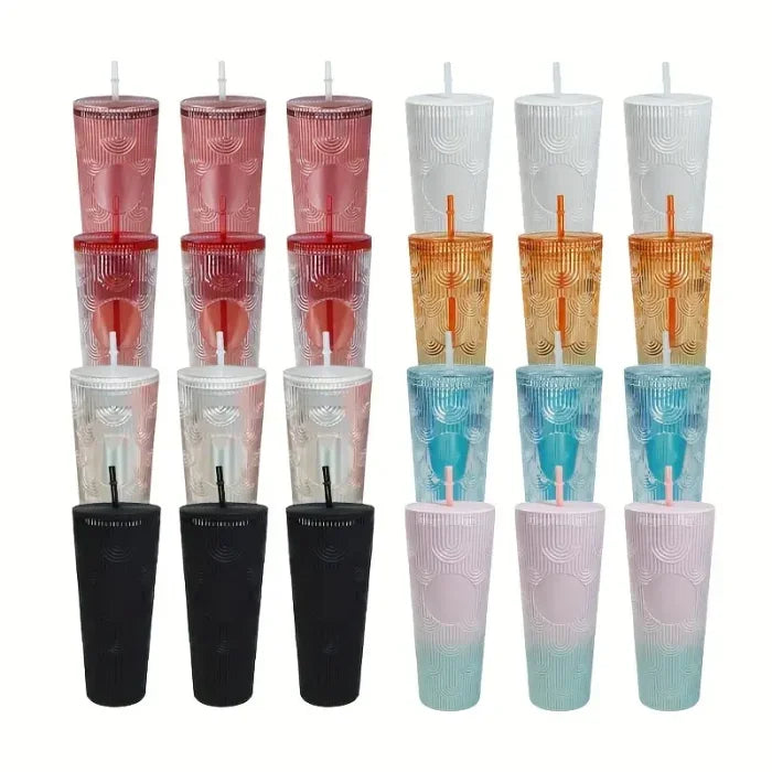 Custom BPA Free 24oz Plastic Double Wall Cup Mixed Colors Reusable Water Cup Double Wall Plastic Cup with Straw