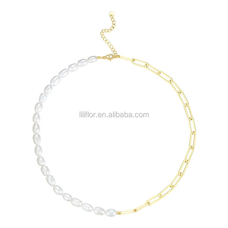 Wholesale Custom 18K Gold Plated Stainless Steel Jewelry Natural Pearl Half Gold Color Oval Chain for Women Necklaces P193051
