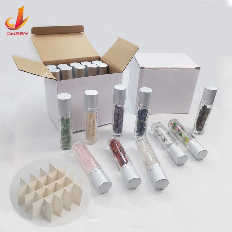 Clear Glass Massage Ball Essential Oils Gemstone Crystals Roller Bottle With Natural Crushed Stones Best Seller Perfume Bottle