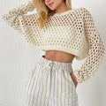 S-XL New European and American Knitwear Flare Sleeves Loose Round Neck Hollow Sweater Top