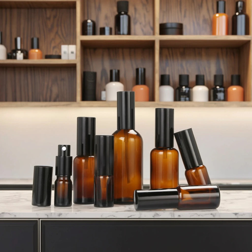 Shiny Amber 5ml 10ml 15ml 20ml 30ml 50ml 100ml Glass Lotion Spray Bottles with Black Cap for Face Cream Multi-Capacity Design