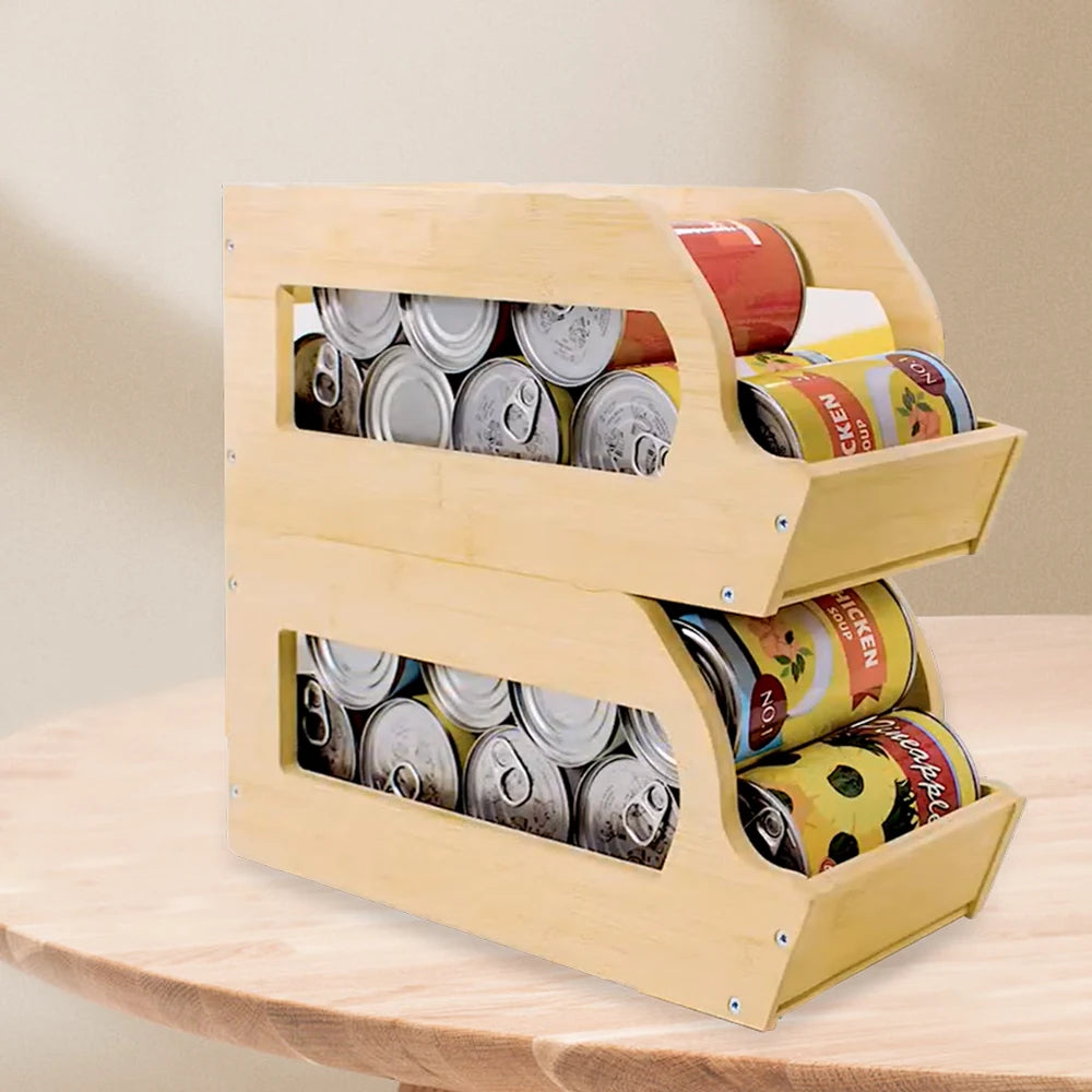 Bamboo Can Organizer with Aluminium Rack Standing Type Storage for Pantry Beverages Drinks & Canned Goods Kitchen Dinnerware