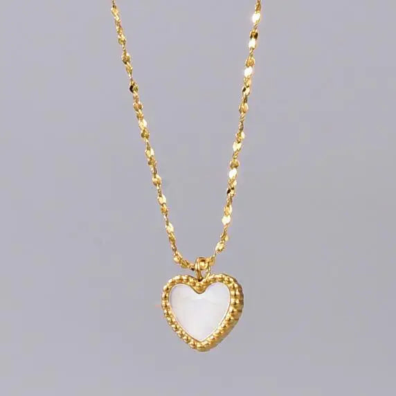 Simple 316L Stainless Steel 18K Gold Heart Pendant Water Wave Chain Necklace White Shell Love Heart Necklace for Women