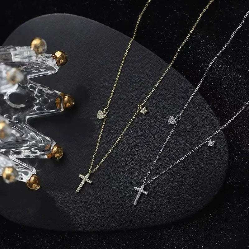Fashion Jewelry 925 Sterling Silver Cross Necklaces Cross Star Heart Zircon Charm Gold Plated Necklaces for Women