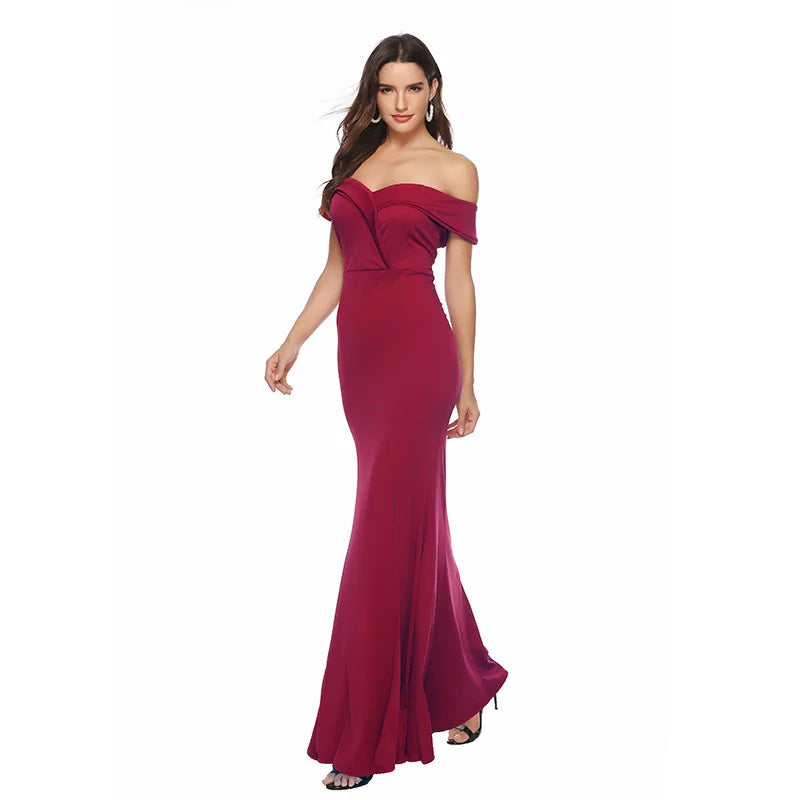 10%OFF S-2XL Spring and Summer New One-shoulder V-neck Split Dress Banquet Evening Dress Women's Floor-length Dress