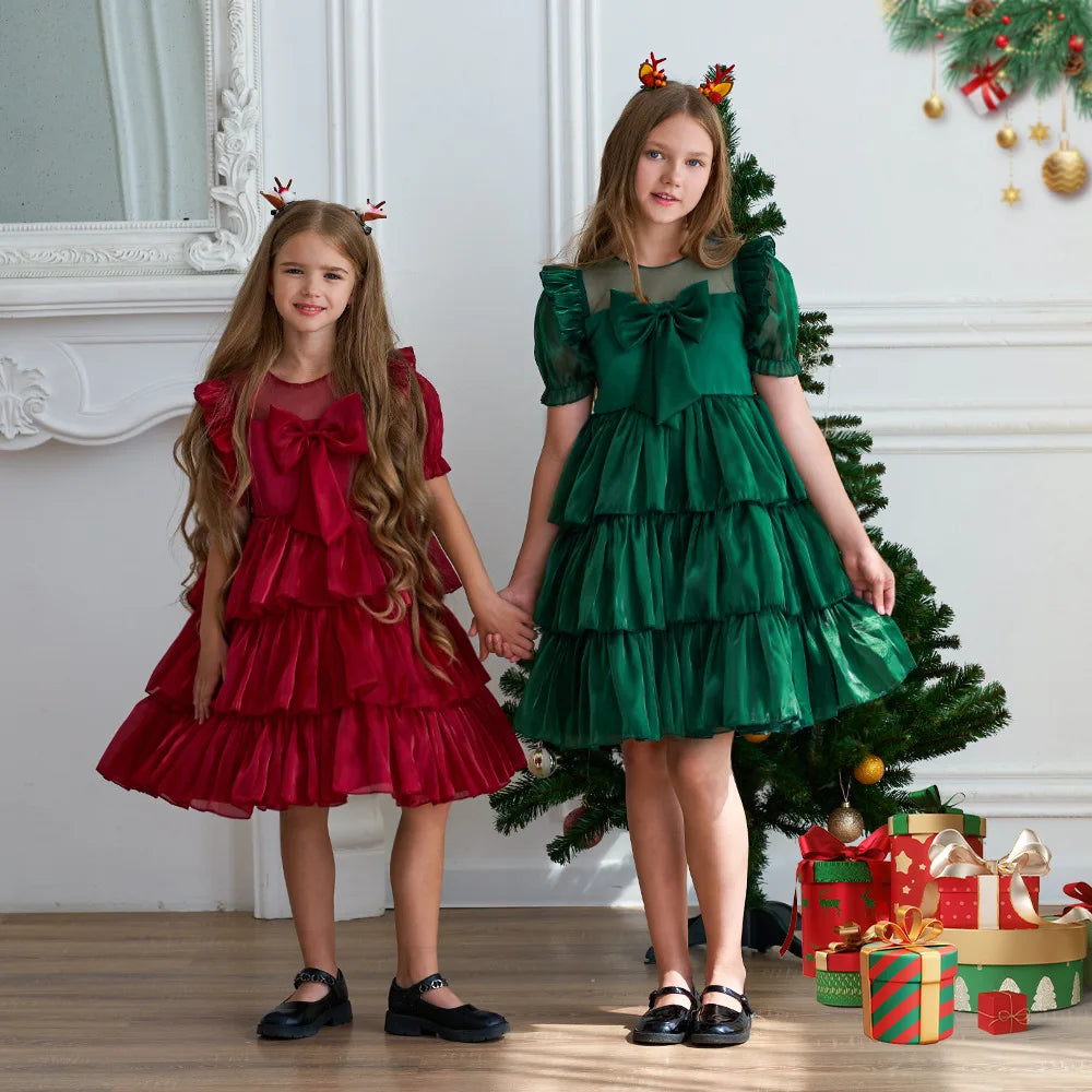 New Fancy ODM OEM Boutique Girl Puff Sleeve Ball Gowns Children Layered Tulle Dress Kids Christmas Dresses