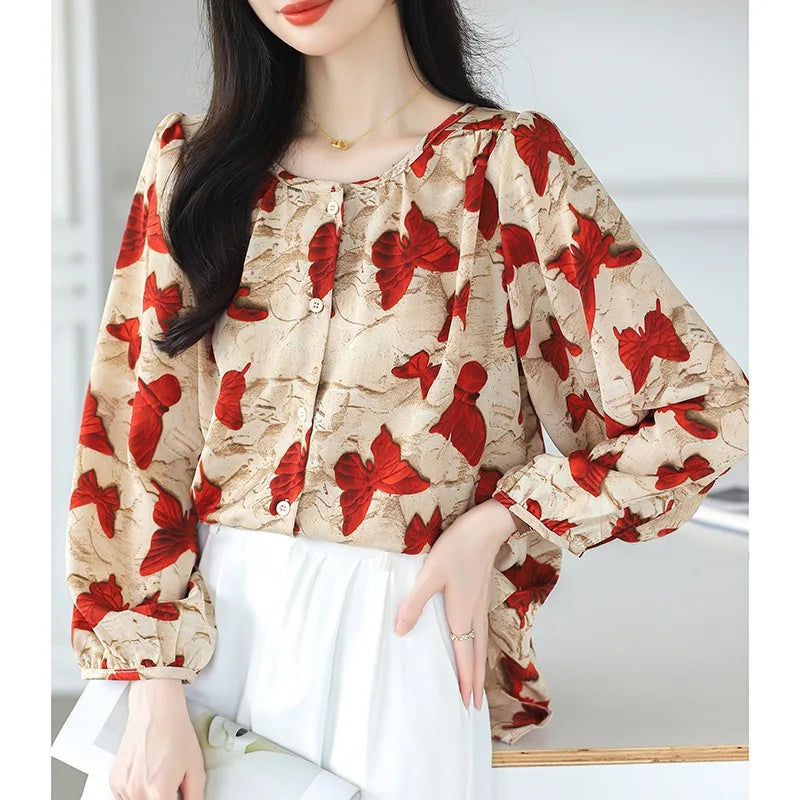 Long Sleeve Blouse Women Butterfly Print Chiffon Blusas Mujer De Moda 2025 Women Tops Blouses Shirts 6829#